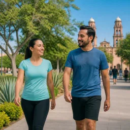 Personas adultas caminando en un parque urbano soleado