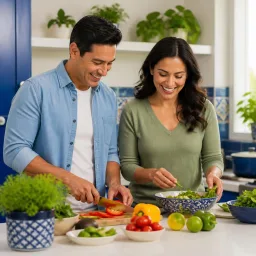 Pareja adulta preparando una comida saludable en casa