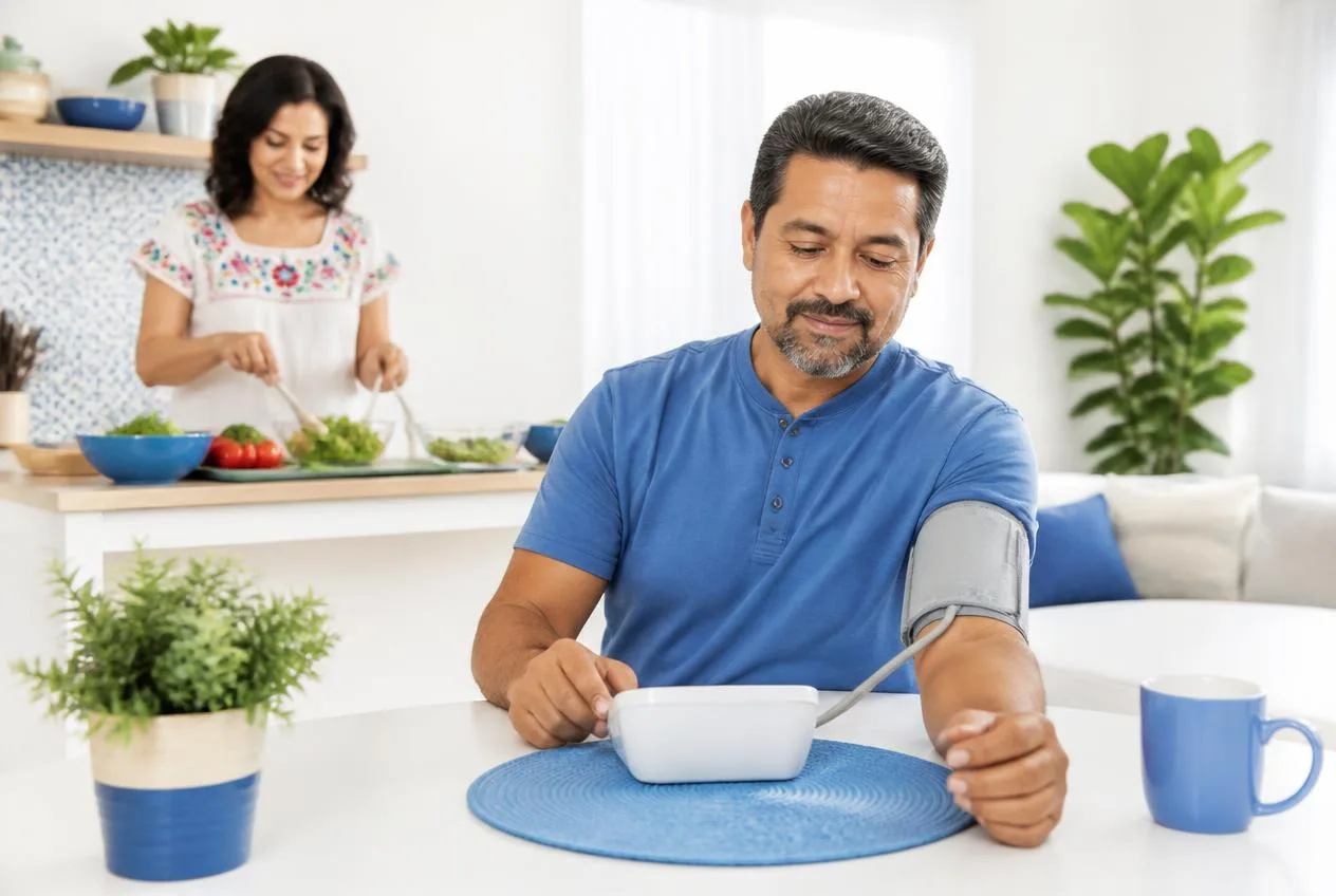 Adultos en un hogar luminoso con un monitor de presión arterial y alimentos frescos