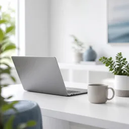 Escritorio limpio con computadora y una planta pequeña