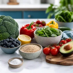 Alimentos frescos y un pequeño recipiente de sal sobre una superficie clara