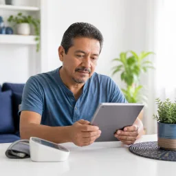 Persona leyendo información de salud en una tableta junto a un monitor de presión arterial